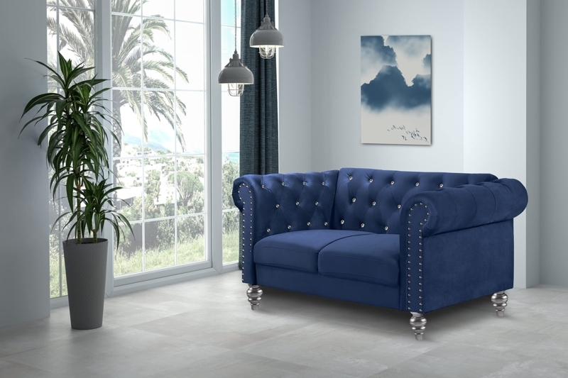 Chesterfield Loveseat Royal Blue Velvet Silver Nailhead Trim Crystals