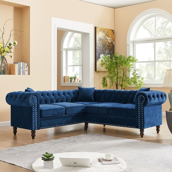Chesterfield Sectional Sofa Charcoal Grey Gourd Legs L-Shaped
