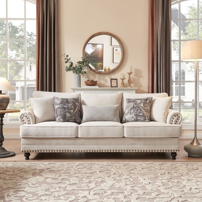 Chesterfield Sofa Beige Chenille Nailhead Trim Rolled Arms