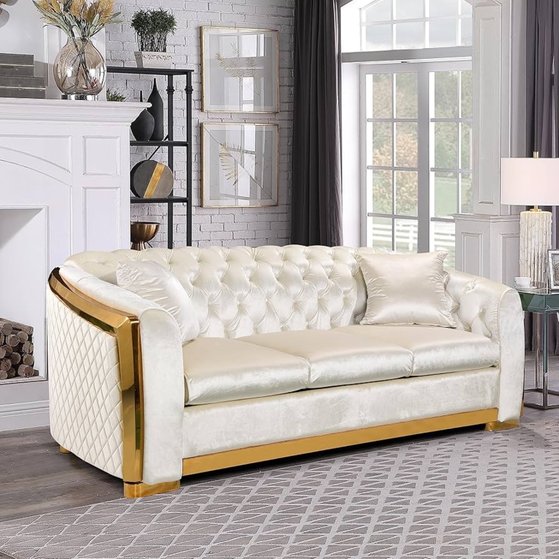 Chesterfield Sofa Beige Velvet Tuxedo Style with Gold Plating Details