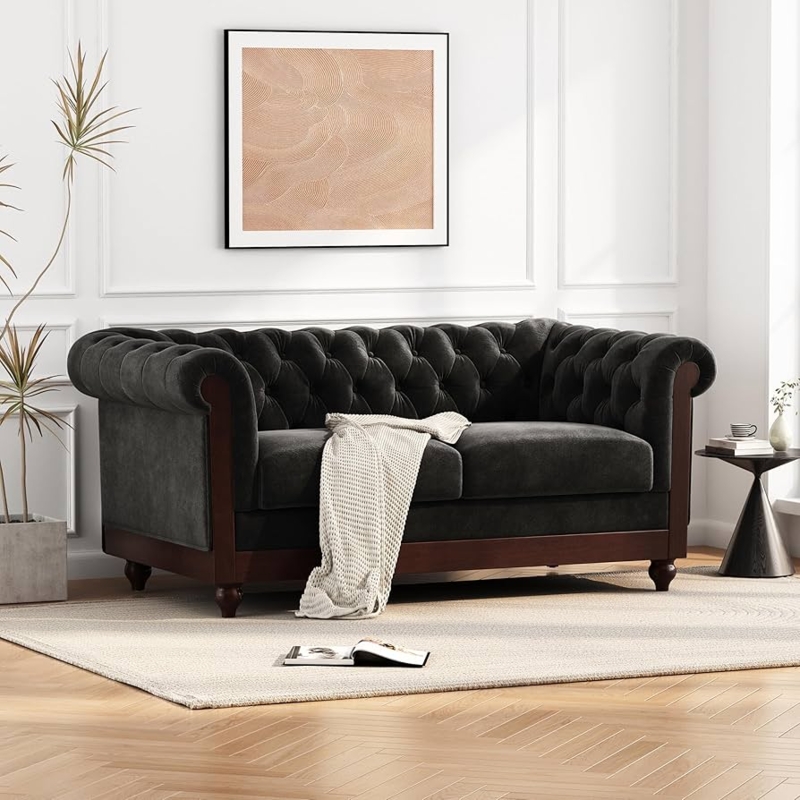 Chesterfield Sofa Black Deep Button Tufting Nailhead Trim Classic