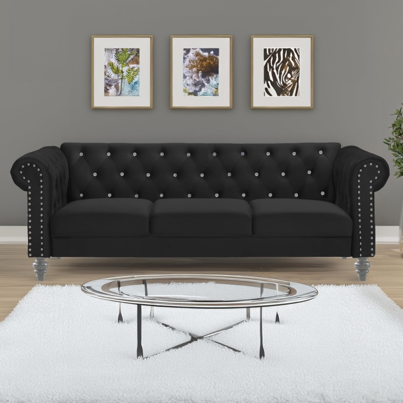 Chesterfield Sofa Black Velvet Crystal Tufted Glam Design Luxurious