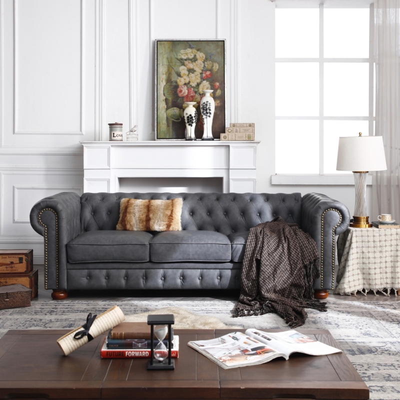 Chesterfield Sofa Dark Grey Leather-Like Nailhead Trim Rolled Arms