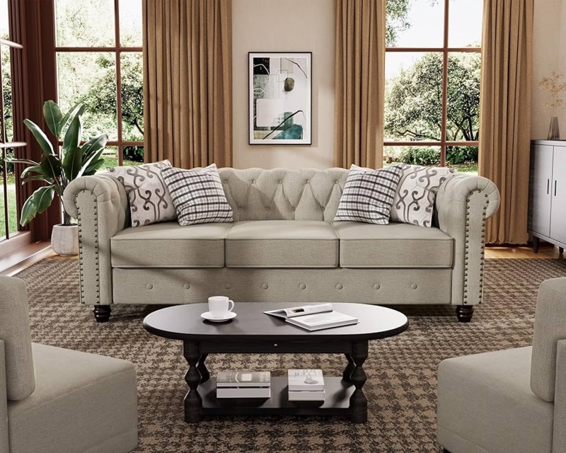 Chesterfield Sofa Deep Button Tufting Rolled Arms Beige