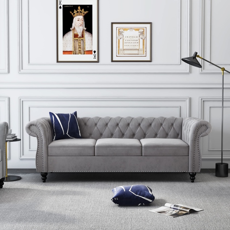 Chesterfield Sofa Gray Velvet Deep Button Tufting Scroll Arm