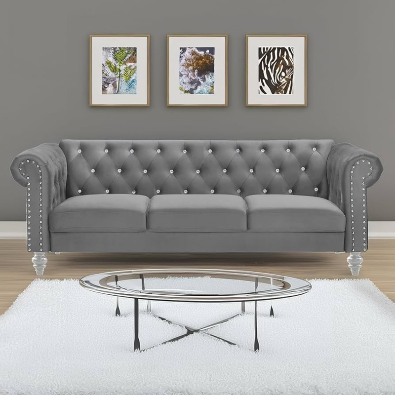 Chesterfield Sofa Grey Velvet Crystal Button Tufts Sophisticated Style
