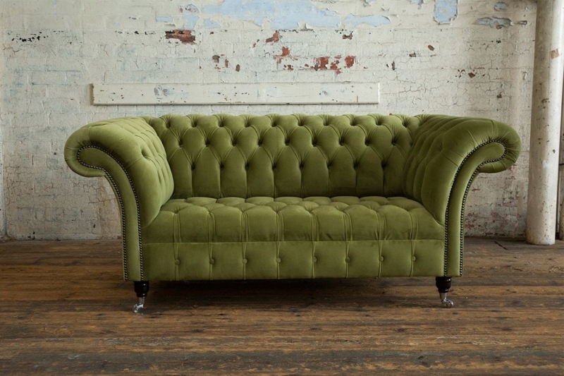 Chesterfield Sofa in Olive Green Velvet with Deep Tufting and Bun Feet
