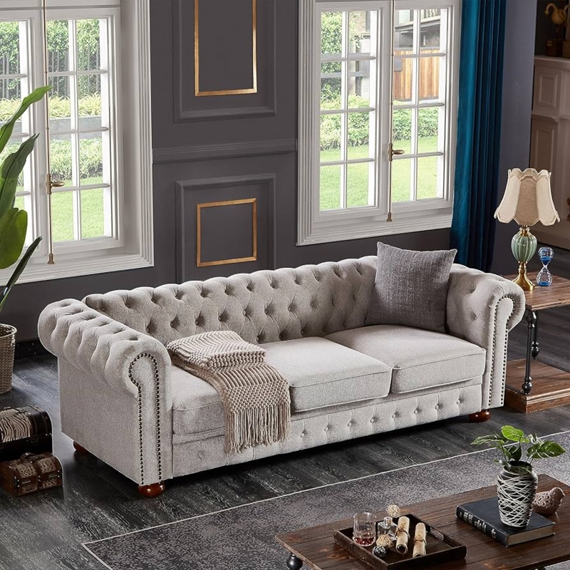 Chesterfield Sofa Linen-Like Button Tufted Nailhead Rolled Arms