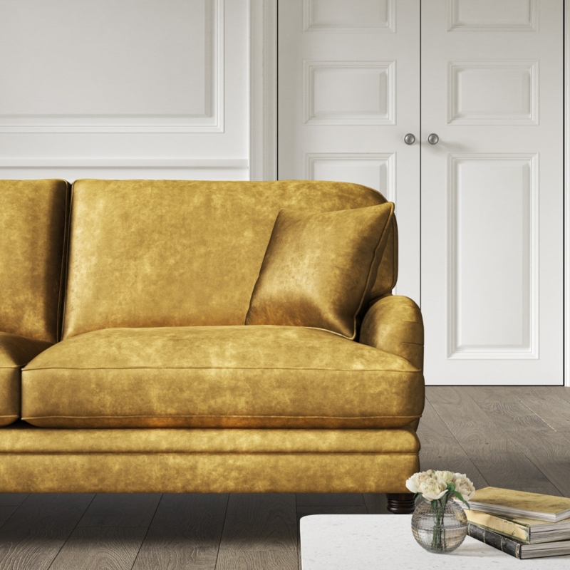 Chesterfield Sofa Mustard Gold Velvet with Rolled Arms and Casters