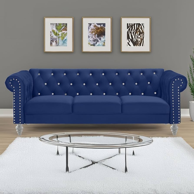 Chesterfield Sofa Royal Blue Velvet Gold Capped Legs Crystal Tufts