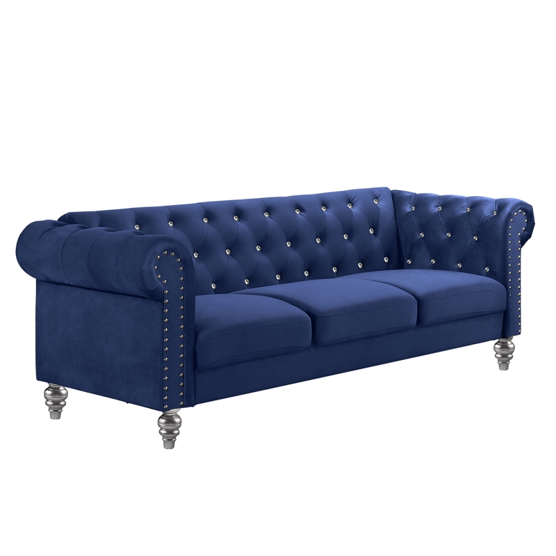 Chesterfield Sofa Royal Blue Velvet Rolled Arms Crystal Tufts Elegant