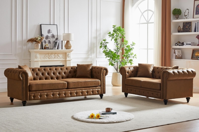 Chesterfield Sofa Set: Deep Button Tufting and Rolled Tuxedo Arms (71 chars)