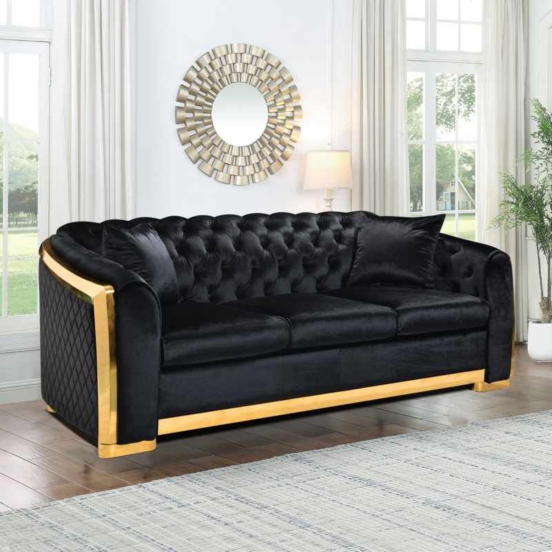 Chesterfield Sofa Set Orange Velvet Silver Nailhead Luxury Styling