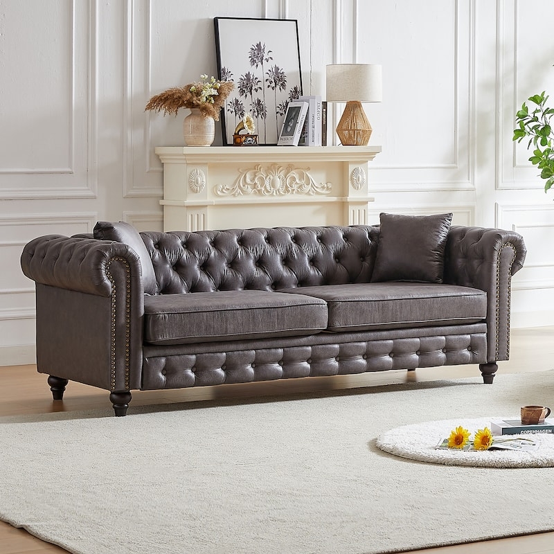 Chesterfield Sofa Tech Fabric Silver Nailhead Trim Rolled Arms