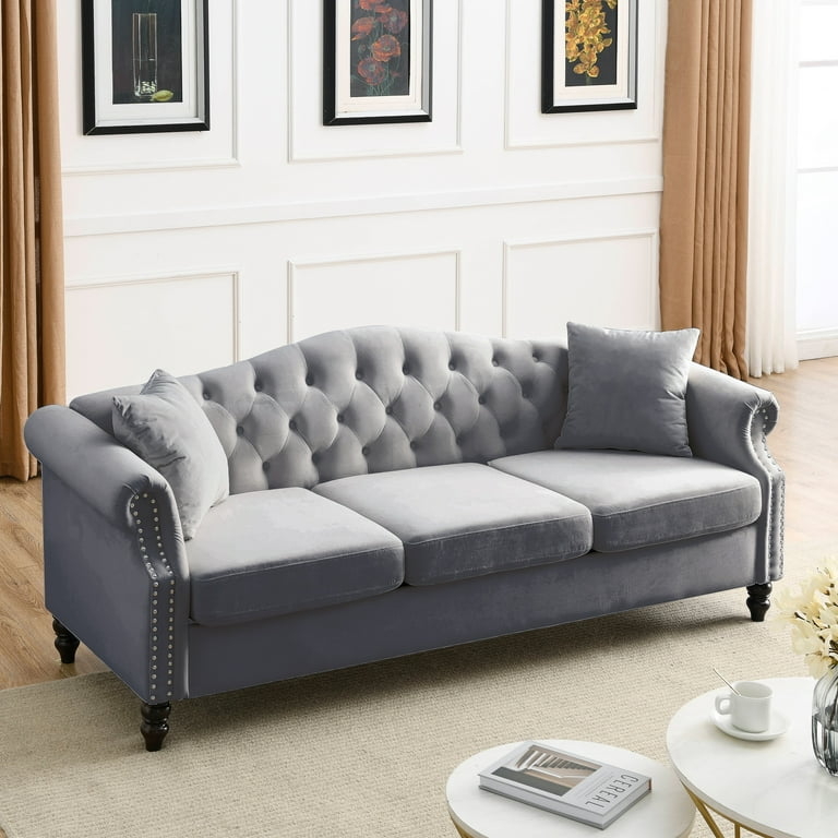 Chesterfield Sofa Velvet-Like Scrolled Arms Nailhead Trim Bolsters