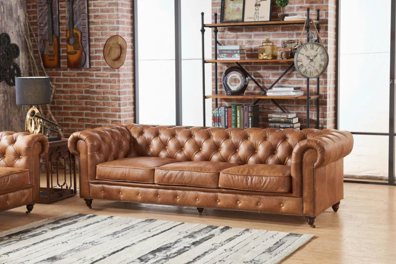 Chesterfield Sofa with Deep Button Tufting, Chestnut Leather, Classic
