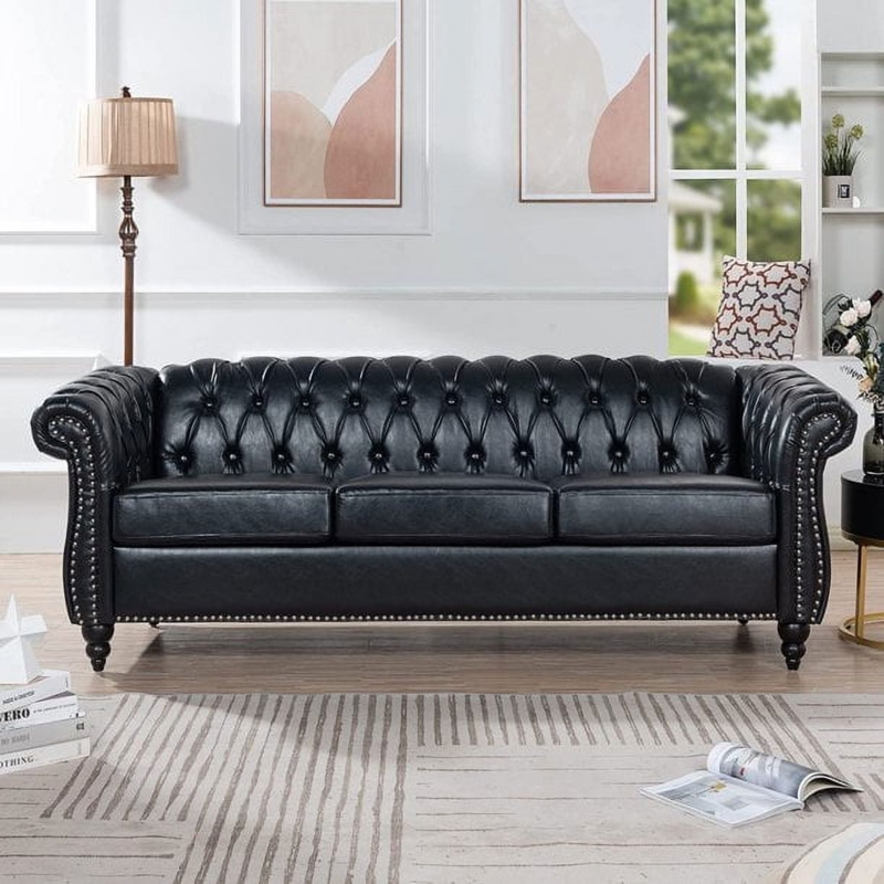 Chesterfield Sofa with Rolled Arms, Tufted Seat and Silver Nailhead Trim