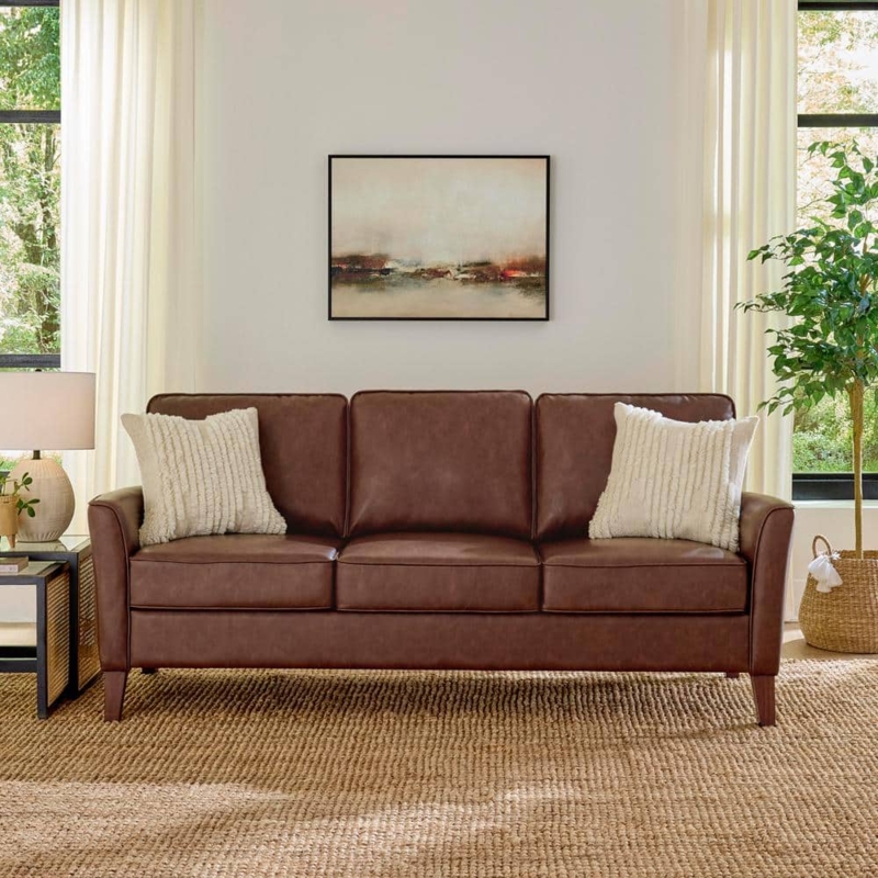 Chestnut Brown Faux Leather Sofa Flared Arms Tapered Wood Legs