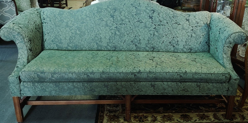Chippendale Camelback Sofa Sage Green Damask Upholstery Straight Legs