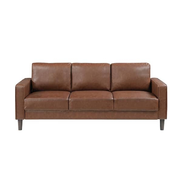 Chocolate Brown Faux Leather Sofa Square Arms Block Feet Contemporary
