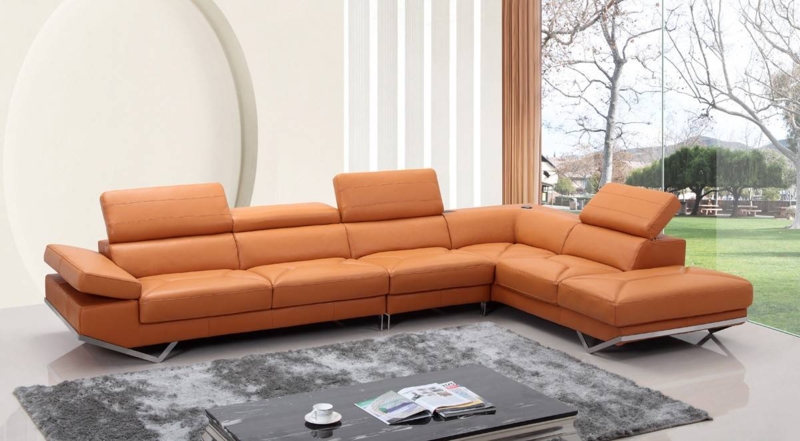 Chocolate Brown Tufted Sectional with Polished Metal Legs