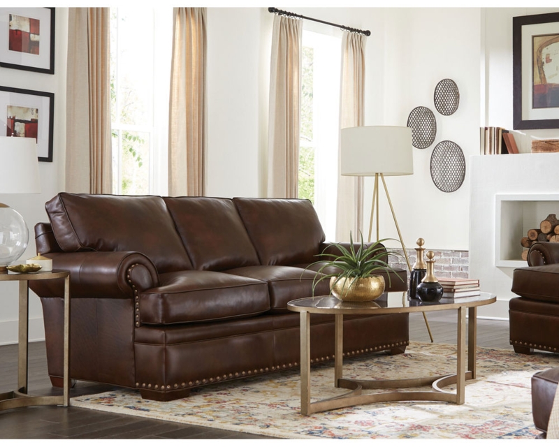Chocolate Leather-Like Sofa, Rolled Arms, Nailhead Trim, Transitional