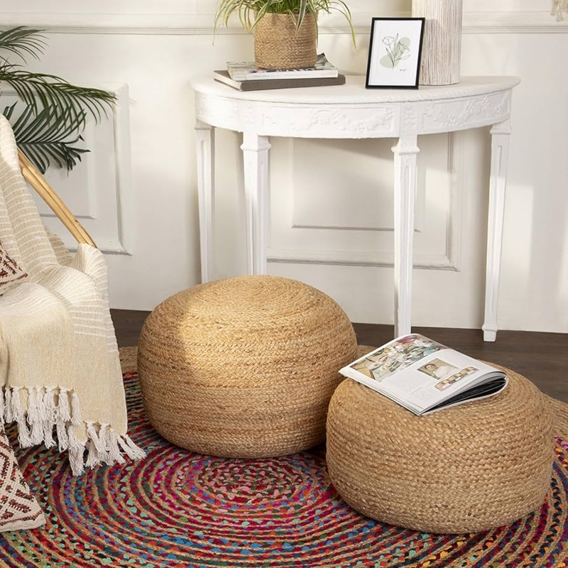 Chunky Braided Jute Pouf, Round Low Profile, Organic Texture Footrest Ideas