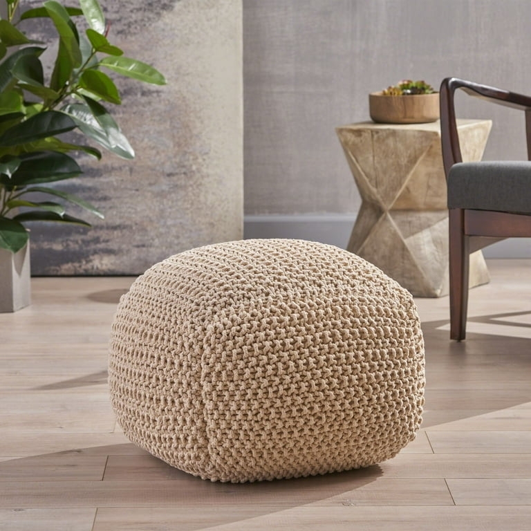 Chunky Knit Pouf Ottoman with Square Silhouette in Neutral Yarn