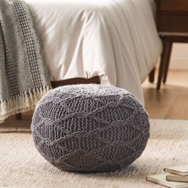 Chunky Knit Round Pouf Charcoal Gray Scandinavian Floor Ottoman