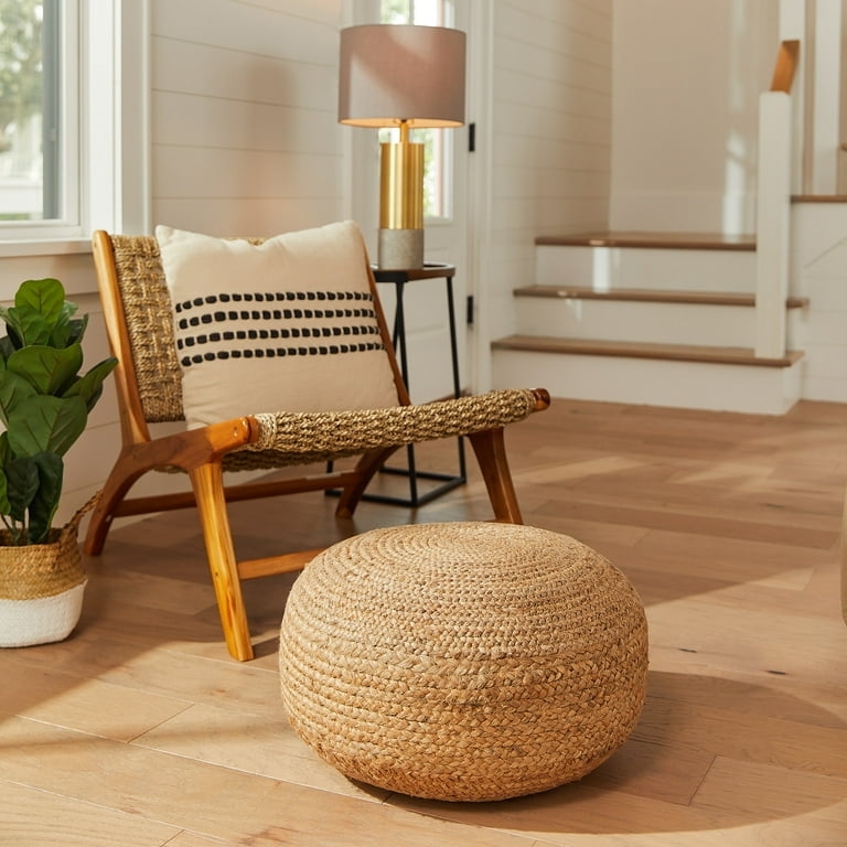 Chunky Weave Pouf, Round Low Profile Natural Jute, Boho Living Room Seating