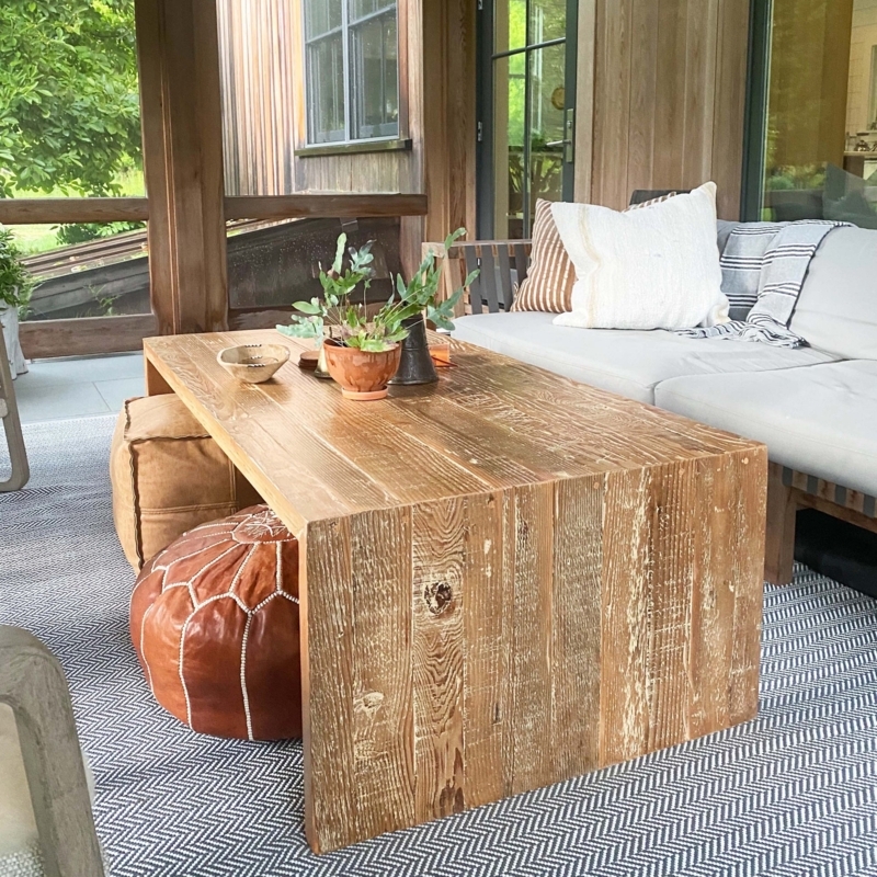 Chunky Wood Coffee Table styling. Very Thick Slab Top, Massive Block Legs.