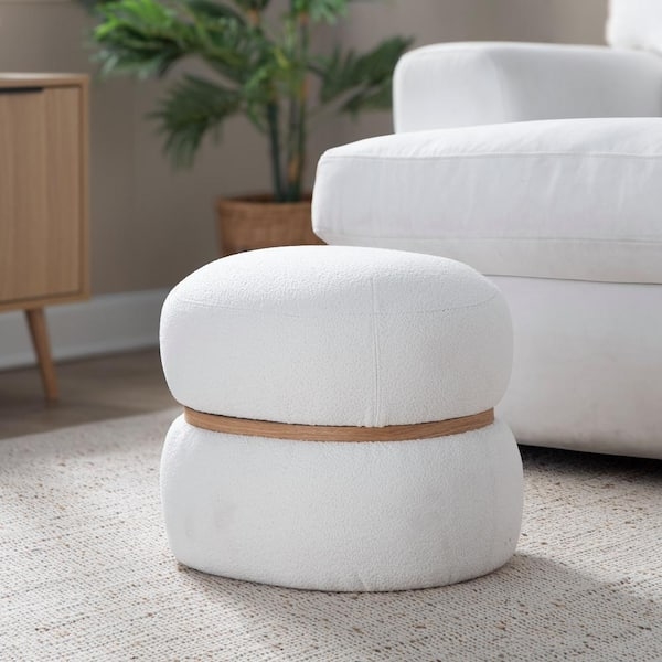 Cinched Waist Pouf Ottoman Wood Base Cream Scandinavian Style