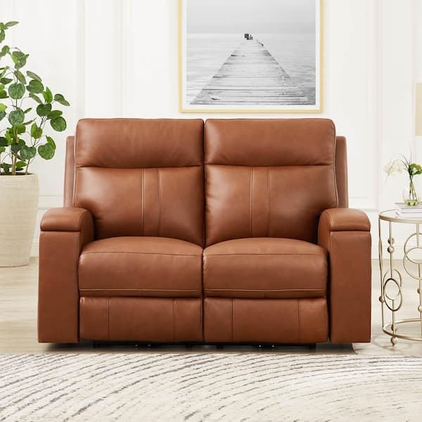 Cinnamon Brown Leather Reclining Loveseat with Cup Holders and Console