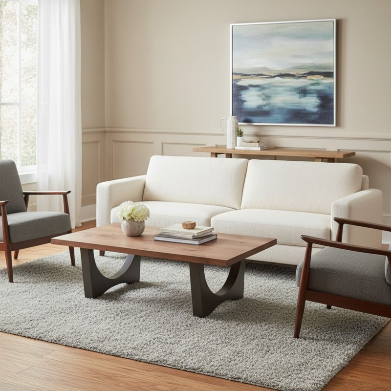 Circular Coffee Table featuring an Intersecting Arch Base, Blonde Finish