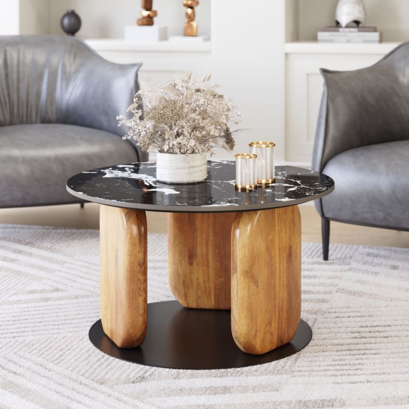 Circular Coffee Table Reclaimed Wood Multicolored Plank Top Pedestal Base