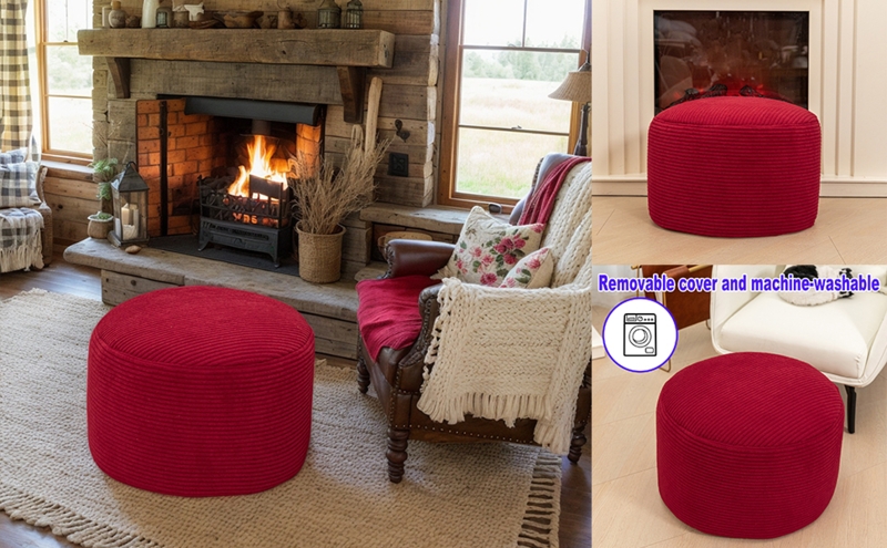 Circular Floor Pouf with Pleated Sides in Wine Red Velvet