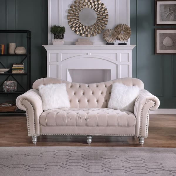 Classic Beige Chesterfield Sofa Deep Button Tufting Velvet-Like Fabric