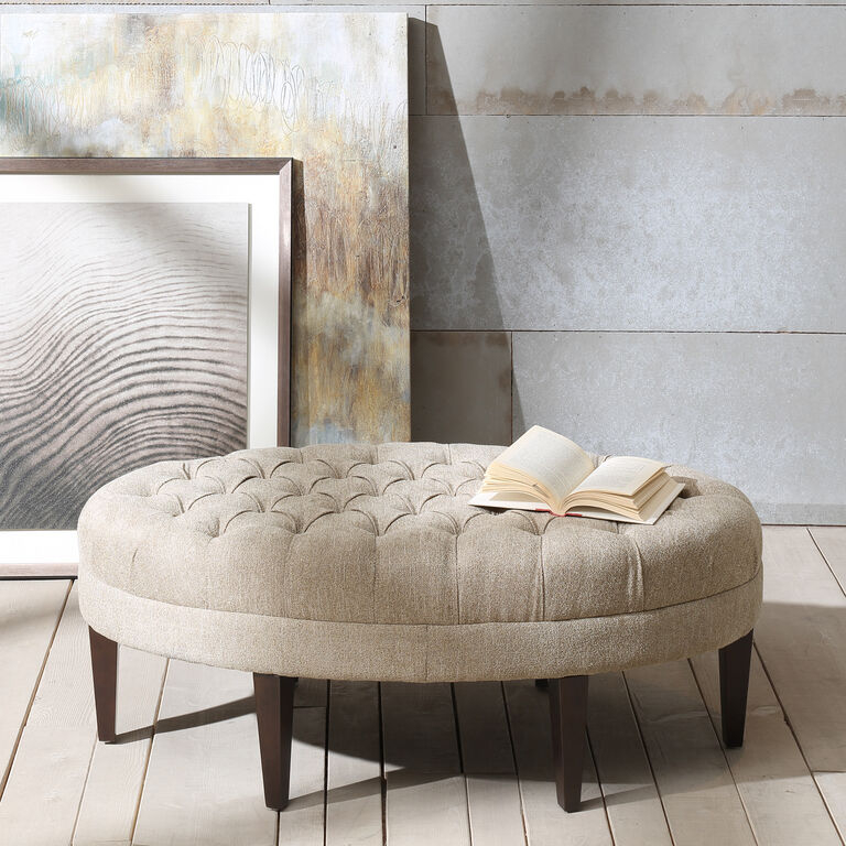 Classic Cream Oval Ottoman Button Tufted with Turned Wood Legs