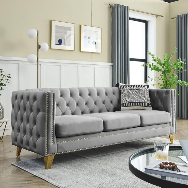 Classic Grey Velvet-Like Three-Seat Sofa with Diamond Tufting