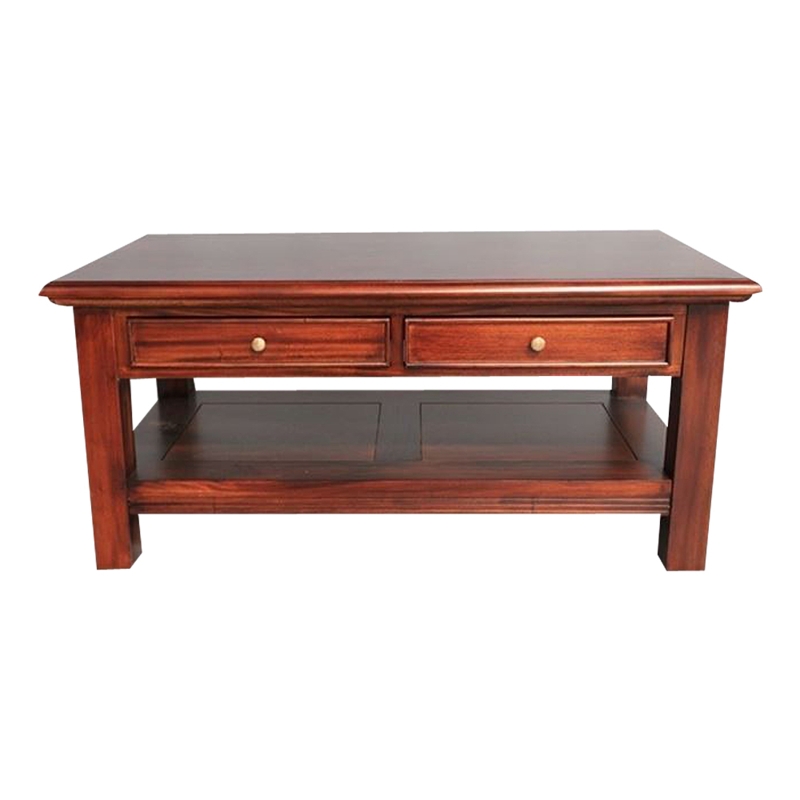 Classic Mahogany Coffee Table with Two Drawers and Brass Pulls
