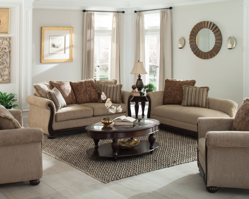 Classic Traditional Set: Light Brown Upholstery and Nailhead Trim (71 chars)