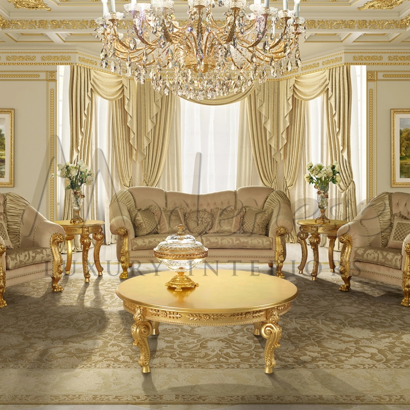 Classical Sofa Champagne Damask Fabric with Gilded Gold Leaf Frame