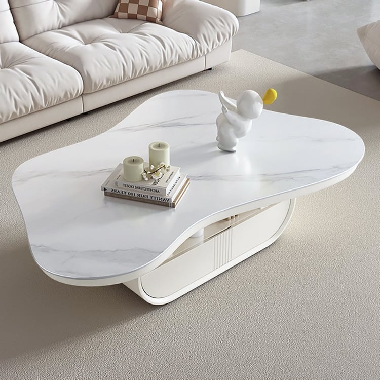 Cloud-Shaped Coffee Table, Fluted Pedestal, Stone Top, Storage Drawer