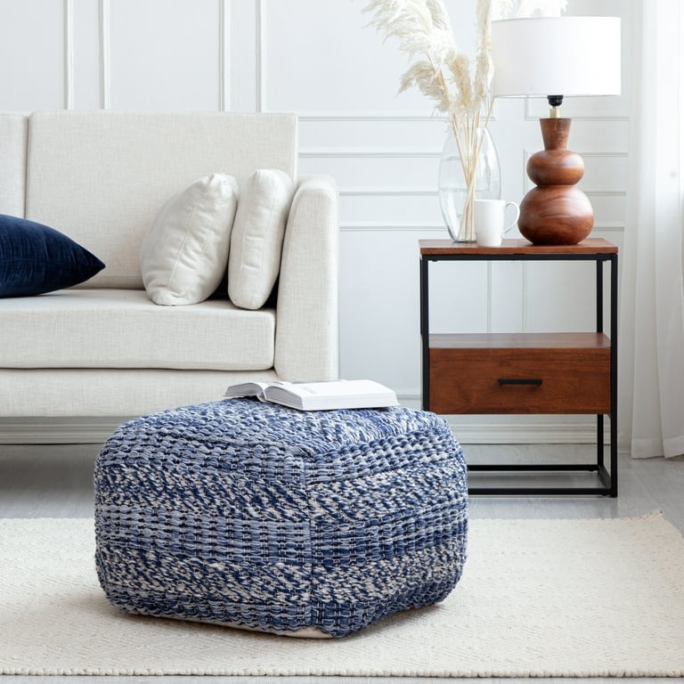 Coarse Weave Cube Pouf in Navy and Ivory, Coastal Accent Seat
