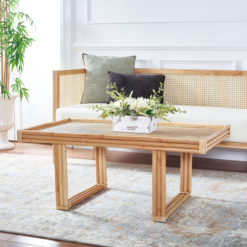 Coastal Boho Coffee Table Natural Rattan Open Shelf Design