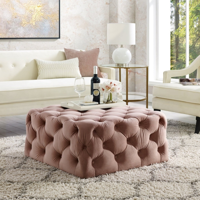 Cocktail Ottoman Blush Pink Velvet Gold Base Trim Tufted Cube
