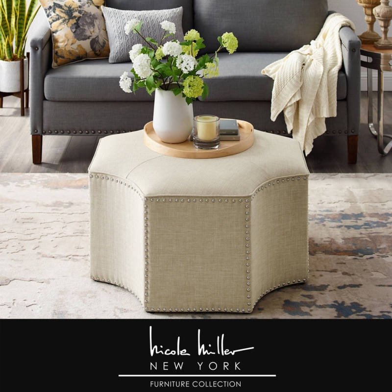 Cocktail Ottoman, Grey Octagonal Shape with Button Tufted Top