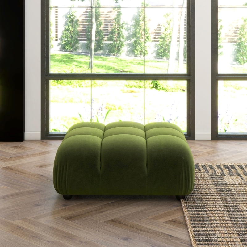 Cocktail Ottoman, Olive Green Velvet with Modern Bubble Tufting Design