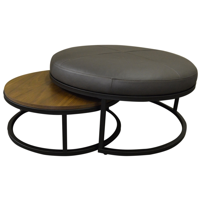 Cocktail Ottoman Set, Brown Leather-Like Square with Nesting Wood Tables