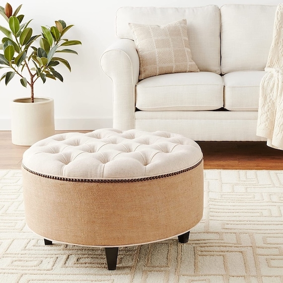 Cocktail Ottoman Square Burlap Base: Rustic Tufted Linen Coffee Table